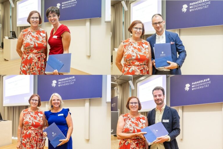 Fotocollage: v.l.n.r. Vizerektorin Barbara Kofler mit Dr.in Elke Boxhammer, Univ.-Prof Dr. Bernhard Wernly, Mag.a. Kristen Kopp und Dr. Constantin Hecker © PMU/Wildbild