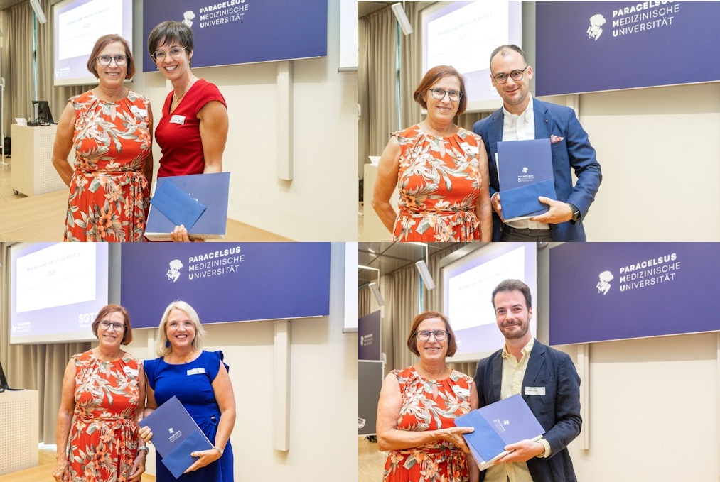 Fotocollage: v.l.n.r. Vizerektorin Barbara Kofler mit Dr.in Elke Boxhammer, Univ.-Prof Dr. Bernhard Wernly, Mag.a. Kristen Kopp und Dr. Constantin Hecker © PMU/Wildbild